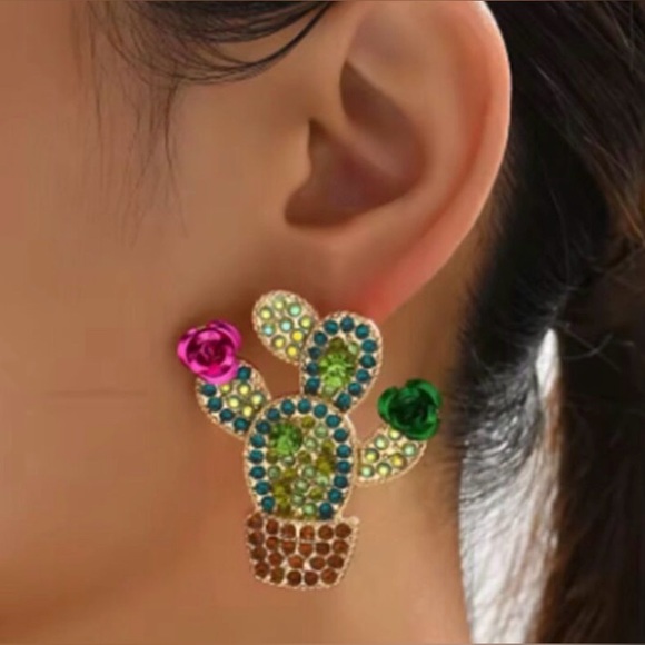 Jewelry - STUNNING Green Rhinestone
Cactus Earrings with 3D Flowers